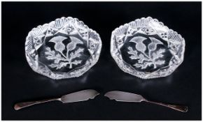 George V - Cased Pair of Scottish Thistle Cut Glass Sweetmeat Dishes, Complete with Silver Pair of