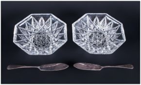 Boodle & Dunthorne Boxed Pair of Cut Crystal Sweetmeat Dishes, Complete with a Pair of Silver