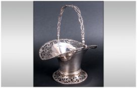 Edward VII Silver Swing Handle Brides Basket with Open Work Borders, Handle and Base. Hallmark