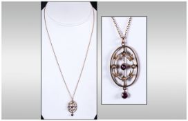 Victorian 9ct Gold Set Amethyst and Seed Pearl Pendant Drop, Fitted on a 9ct Gold Chain.