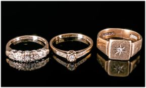 Three 9ct Gold Dress Rings, All Diamond Set, Fully Hallmarked,