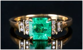 18ct Yellow Gold Emerald And Diamond Ring, Central Emerald Set Between 10 Round Modern Brilliant Cut