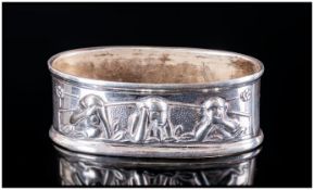 Novelty Silver Napkin Ring The Front Embossed With Three Wise Monkeys, See, Hear And Speak No