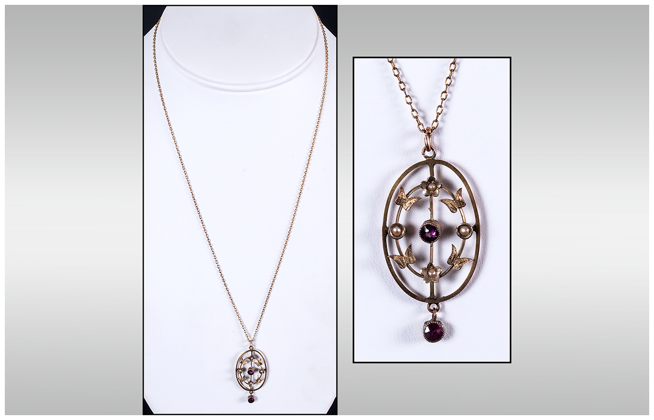Victorian 9ct Gold Set Amethyst and Seed Pearl Pendant Drop, Fitted on a 9ct Gold Chain. - Image 4 of 4