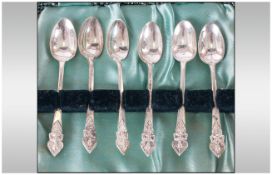 Set Of Six Siamese Sterling Silver Coffee Spoons, Moulded Deity Finials. Complete In Fitted Case.
