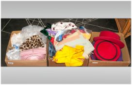 Three Boxes Of Textiles, including vintage hats, scarfs and accessories