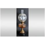 Victorian Oil Lamp with Glass Front, Funnel and Shade Double Burner Supported on an Embossed Brass