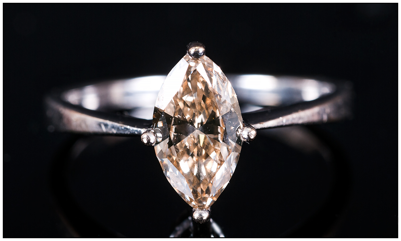 18ct White Gold Diamond Ring, Single Stone Marquise Shaped Champagne Diamond, Claw Set, Estimated