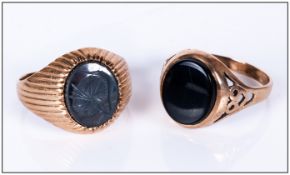 9ct Gold - Black Stone Rings ( 2 ) In Total. Fully Hallmarked. 7 Grams In Length.
