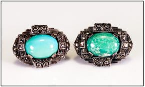 Antique - Turquoise and Marcasite Silver Set Pair of Earrings. Boxed.