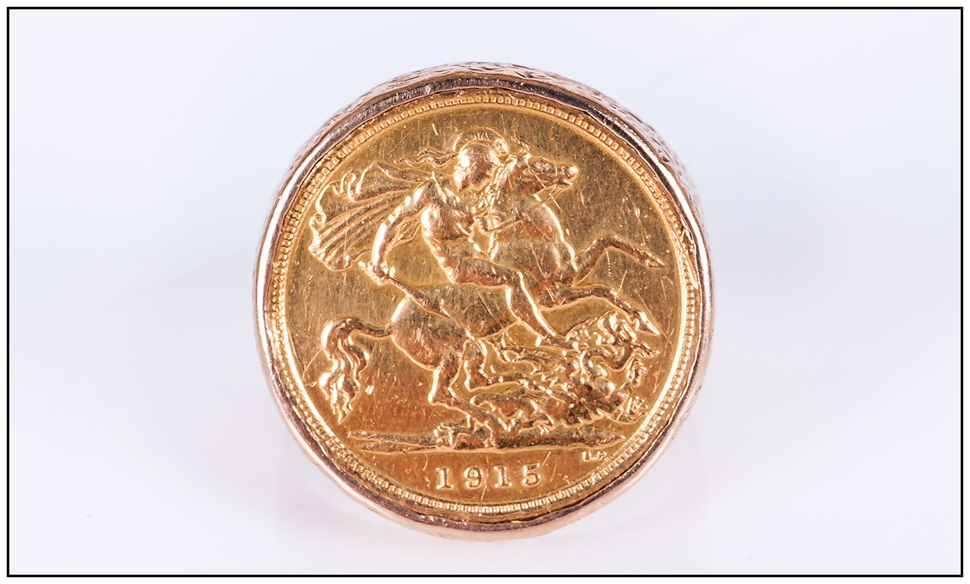22ct Gold Half Sovereign Set In a 9ct Gold Shank. The Half Sovereign Is George V and Dated 1915. The