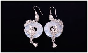 White Quartzite and Crystal Long Drop Earrings, each comprising an open circle of white quartzite