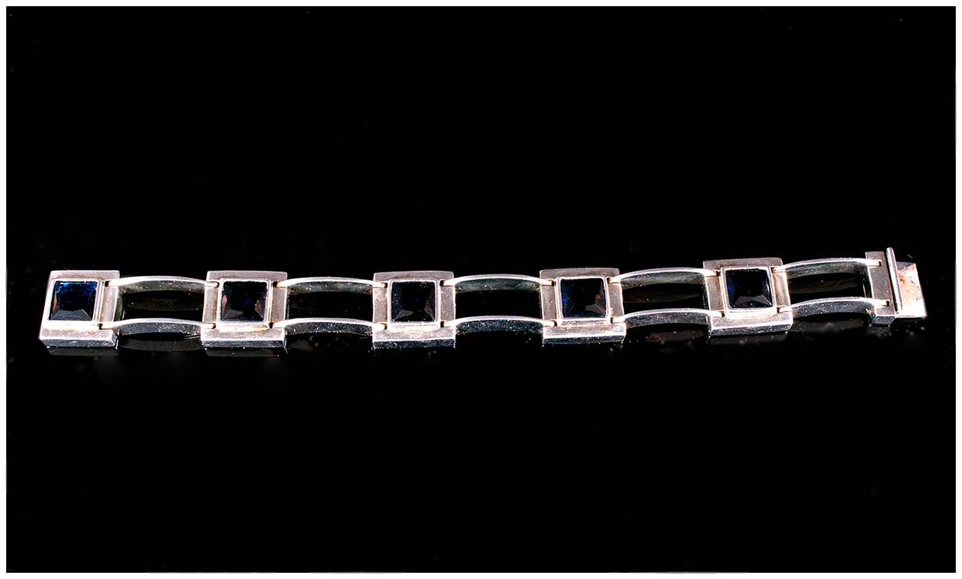 Silver Designer Style Bracelet, Set With Five Deep Blue Stones, Fully Hallmarked, Length 7½ Inches