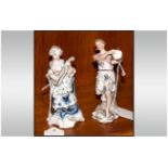 Dresdon 19th Century Small Hand Painted Figures ( 2 ) In Total. Each 4.5 Inches High.