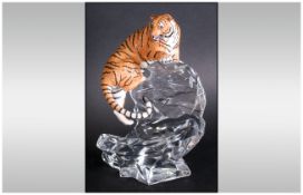 German 20th Century Quality Figure of a Ceramic Tiger Figurine, Standing on a Glass Rock Edge.