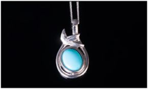 Sleeping Beauty Turquoise Pendant and chain, a 1.25ct oval cut cabochon bezel set in a platinum