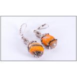 Bumblebee Jasper Pair of Drop Earrings, oval cabochons, each of 7.25cts, suspended below platinum