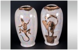 Carlton Ware ''Studio Study'' and ''Gold Lustre'' Hand Painted Vase Set - Signed to bases, approx