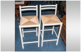 A Pair of White Modern Kitchen Stools, with Rush Effect Seat.