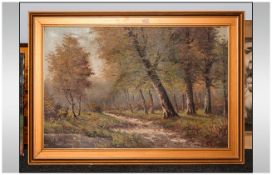 Oil Painting On Canvas Of A Wooden Forest Scene, with a path in the foreground, in gilt frame.