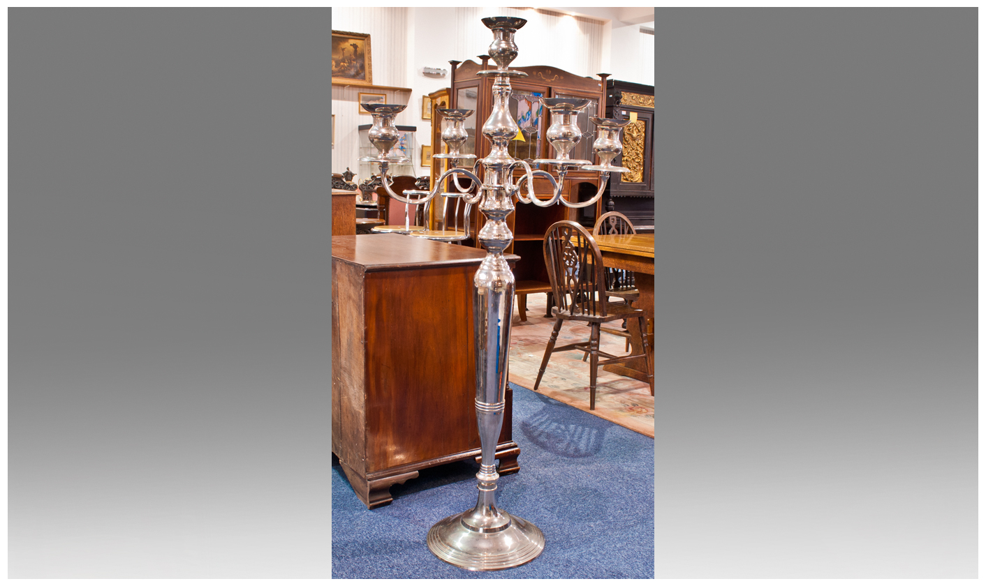 Very Large & Impressive Plated Aluminium Floor Standing Five Branch Candelabrum. Silver in Colour,