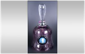 Wedgewood - Royal Silver Jubilee Amethyst Glass Cameo Bell. 6 Inches High, Complete with Box and