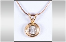 Modern 9ct Gold Circular Paver Set Single Stone Diamond Pendant Drop, Fitted to a 9ct Gold Chain.