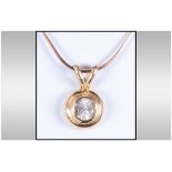 Modern 9ct Gold Circular Paver Set Single Stone Diamond Pendant Drop, Fitted to a 9ct Gold Chain.