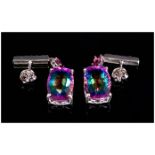 Rainbow Quartz, Rhodolite Garnet and White Topaz Drop Earrings, each earring comprising an elongated