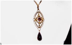 Victorian Very Fine Garnet and Seed Pearl Set, Openwork Tear Drop Pendant. Fitted to a Good Small