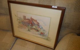 Wooden Framed Print Of 'Lassie' Outside A Country Inn, signed Glenda Rae