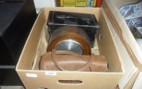 Box Containing Mantle Clock, Ammunition Tin & Handbag