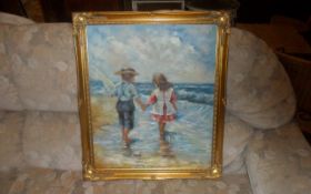 Gold Framed PIcture children at sea edge. H.Gaynor