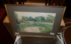 Painting Of Pond Scene Farm In Background