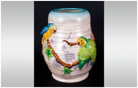 Clarice Cliff Hand Painted Large Two Budgerigar Vase. c.1930's. Height 8.5 Inches.