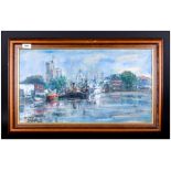 Oil On Canvas French Port Scene With Ships At Anchor With Buildings To The Quay, Signed Frank