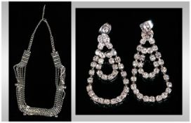 White Crystal Swags Necklace and Earrings, rows of small, brilliant white Austrian crystals held