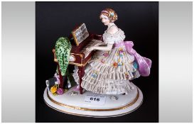 Dresden - Late 19th Century Porcelain - Lace Figure ' Young Woman, Playing The Piano ' Painted