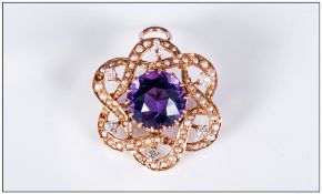 Antique 18ct Gold Set Amethyst/Diamond & Seed PEarl Brooch/Pendant. The central amethyst of good