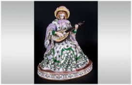 European Fine Porcelain Figurine of a Lady Musician Dressed In 19th Century Dress, Marks C.J To