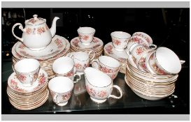 Colclough China Teaset, pink floral decoration on white ground.