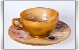 Royal Worcester Hand Painted Miniature Matched Cup and Saucer ' Fallen Fruits ' Design, Signed F