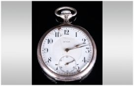 Antique and Impressive Invar Open Faced Silver Pocket Watch. The Features Back Case Decorated In