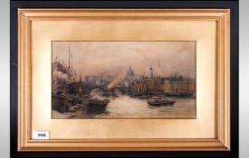 Rev. Sir Hubert Medlycott 'River Thames London Bridge St Pauls In Distance', Watercolour Signed,