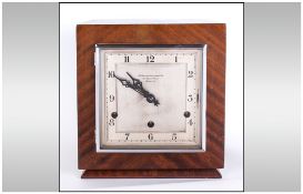 Art Deco Walnut Cased Mantle Clock, square case with steel dial with three hole Westminster Chime.