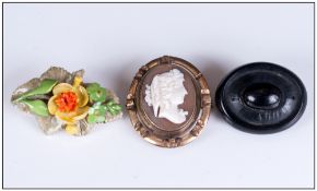 Victorian Gilt Metal Set Cameo Brooch / Locket + a Royal Worcester Ceramic Flower Brooch. Date