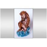 European Late 19th Century Figure of a Monkey, Sitting Upon a Rock Eating Fruit with Baby Monkey