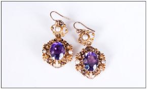 Victorian Ornate Pair Of 15ct Gold Seed Pearl & Amethyst Drop Earrings. The central amethyst of