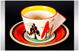 Clarice Cliff Hand Painted Art Deco Conical Cup and Saucer ' Red Roofs ' Pattern. c.1931. Cup 2.25
