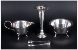 George V Silver Plated Milk Jug and Sugar Bowl with silver hallmarked pair of sugar tongs. Plus  a